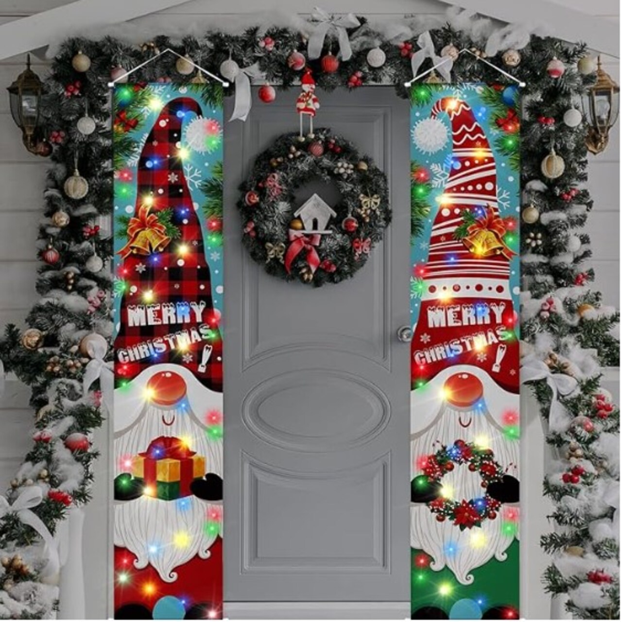 Outdoor Christmas Decorations in 2 Pieces Winter Holiday Door Banner Decoration with Light Strings and Pins for Yard Front Door Home Garage Wall Decor Xmas Hanging Porch Signs Banner